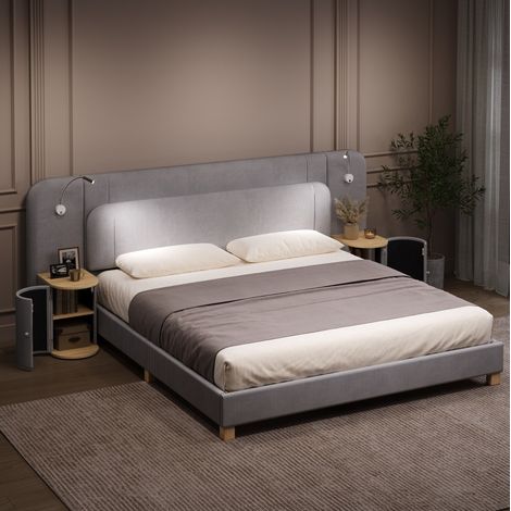Lit double 180x200 cm velours côtelé gris, LED, chevets, gain de place, sans matelas – MEUBLIV (1/5)