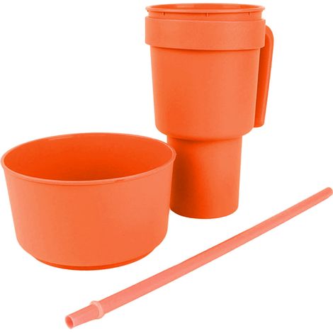 2-in-1-Snackbecher mit Strohhalm, große Öffnung, Kunststoffbecher mit Deckel, Snackschale für Kino, Zuhause und Reisen, Orange (1/5)