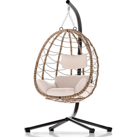 Sedia pensile in vimini Aria con struttura inclusa   Beige  Sedia pensile pieghevole con struttura in vimini, cuscino e sospensione con molla (1/2)