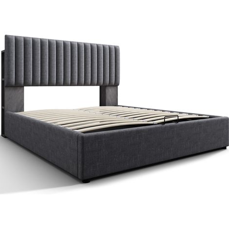 Cama canapé doble 160 x 200 cm gris en lino con cabecero con almacenaje, LED y USB-C (1/5)