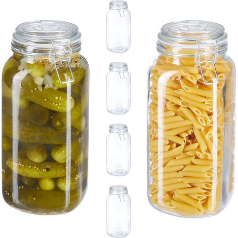 Relaxdays Barattoli per Alimenti, Set da 6, Coperchio con Chiusura a Clip, Contenitori in Vetro 2 Litri, Trasparente (1/5)