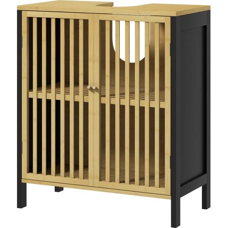 Meuble vasque deux portes avec étagère réglable et caisson sous-vasque, 60 x 30 x 70 cm, MDF et bambou
