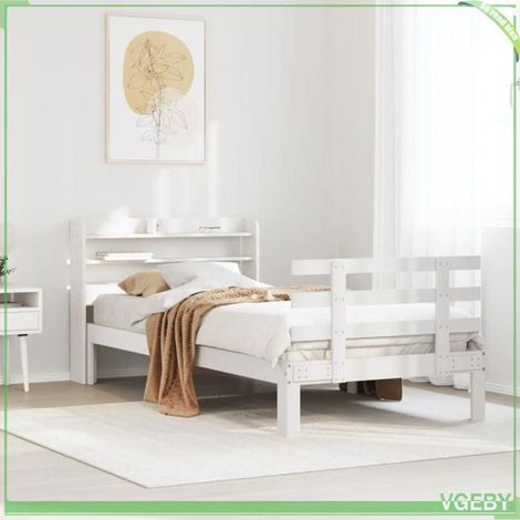 Cadre de lit avec tête de lit - Mod. 3306840 - Bois pin massif - 90x190 cm - Tête avec 2 étagères (1/5)