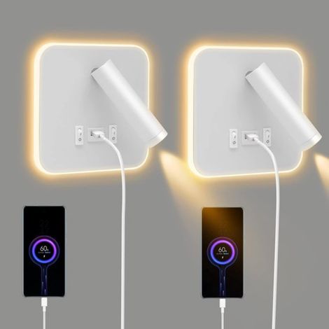 Ein Set aus 2 LED-Wandleuchten für den Innenbereich, bestehend aus einer Leselampe mit Schalter, die sich um 360° drehen lässt, einer 3000K Nachttischlampe und einem verstellbaren Spot (weiß). (1/5)