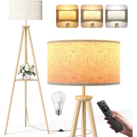 Lampadaire Trépied LED sur Pied Salon avec Étagères de Rangement - 12W Lampe sur Pied Bois avec Télécommande & Ampoule, Lampe Liseuse Réglables pour Salon, Chambre, Brun Clair - Étagère Triangulaire (1/5)