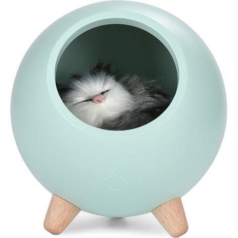 Una lámpara de noche verde claro con un gatito durmiendo. (1/4)