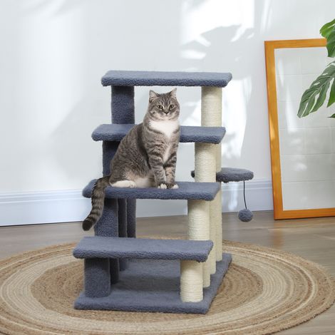 4-stufige Katzenleiter aus weichem Plüsch mit Sisalstamm und Hängeball, 60 x 40 x 64 cm, Grau (1/5)