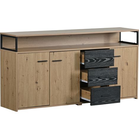 Buffet industriel moderne avec 3 portes et 3 tiroirs en bois et noir 150x35x75,9 cm (1/5)