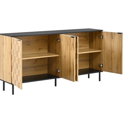 Buffet mosaïque, meuble de rangement à 2 portes, effet bois, panneau de particules, pieds métalliques, pour salon et couloir (1/5)