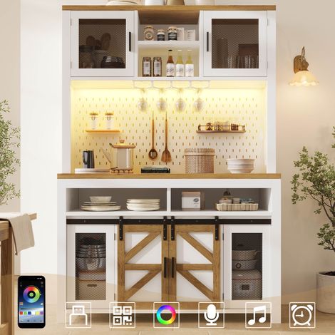 Buffet salle a manger haute avev éclairage LED port USB et espace de rangement multifonctionnel Panneau perforé en métal - Blanc (1/5)