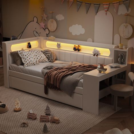 Banquette-lit 90x200 cm capitonnée avec ports USB et ceinture LED, lit gigogne et bureau, blanche, adapté à petit espace de vie