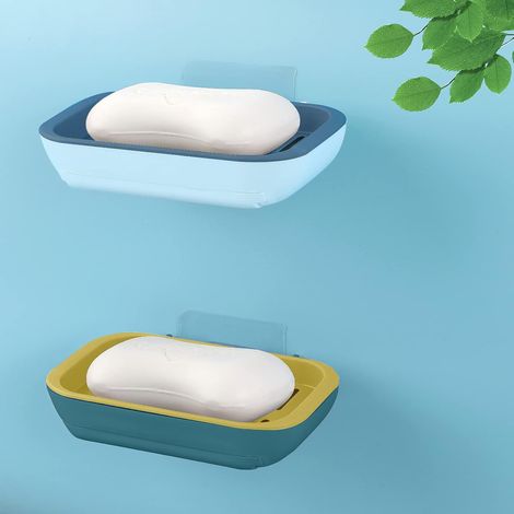 Porte-Savon Mural et à Poser - Ventouse Double Bac de Drainage - Pour Salle de Bain et Cuisine - Sans Perçage - 2 Pièces (1/5)