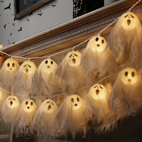 Guirlande lumineuse décorative de têtes de fantômes d'Halloween à LED de 3 mètres (20 m), alimentée par USB, lumière blanche chaude, accessoires de fantômes en gaze blanche, décorations d'horreur pour (1/4)