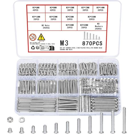 Assortiment 870 vis M3, écrous et rondelles, acier zingué, tête ronde cruciforme (1/5)