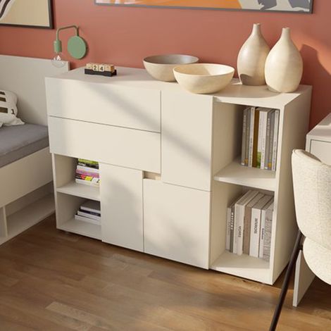 Aparador Lerimi, Alacena 2 Estantes, 2 Cajones, 3 Puertas, 120x42x84h cm Beige Cashmere (1/3)