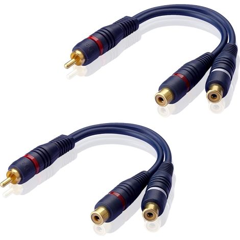 Cable Répartiteur RCA - 1 Male vers 2 Femelles - 20 cm - Connecteurs Plaqués Or - Pour Caisson de Basses Ampli Home Cinéma - Lot de 2