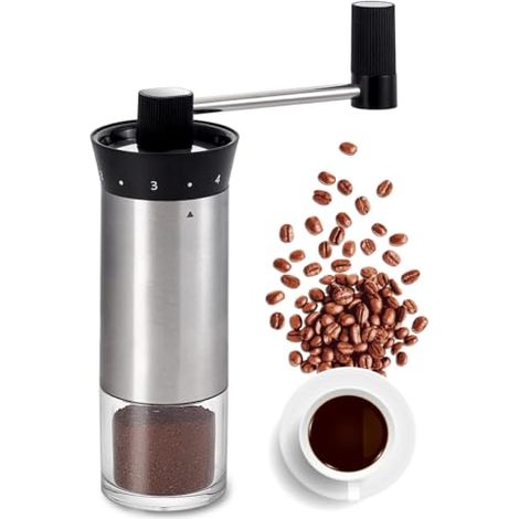 Moulin à café manuel en acier inoxydable, moulin à café portable avec manivelle et meules coniques en céramique, avec finesse de mouture réglable, idéal pour la maison, le bureau ou les voyages. (1/5)