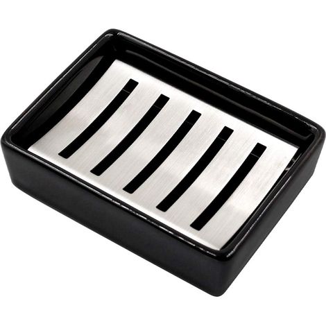 Seifenschale aus Keramik und Edelstahl 304, doppelschichtig, selbstentleerend, langlebiger Seifensparer, leicht zu reinigen, für Badezimmer (schwarz)