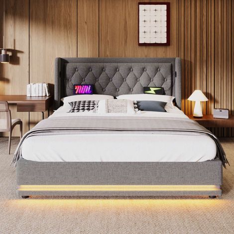 Lit coffre 160x200 cm gris en coton, tête de lit capitonnée, LED 3 côtés, USB et USB-C, rangement hydraulique, sommier à lattes inclus, sans matelas (1/5)