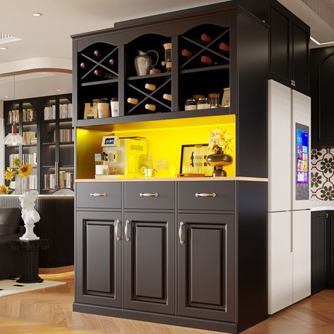 Buffet de cuisine 120/40/180 cm noir avec LED, 3 tiroirs et grand espace de rangement (1/5)