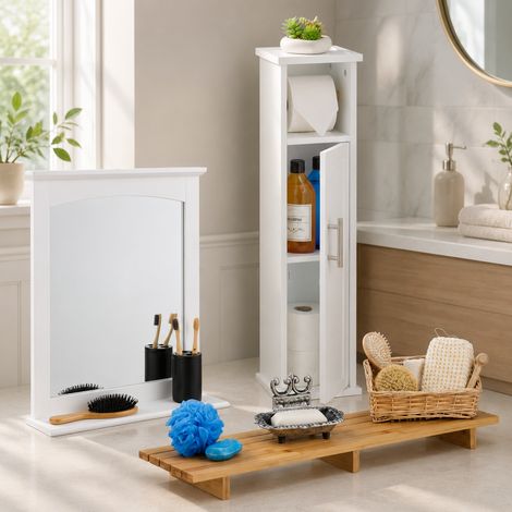 Set da bagno in stile vintage (4 pezzi) – Specchio da parete, mobiletto stretto e portasapone in ghisa (1/5)