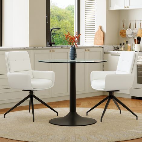 Ensemble table ronde et 2 chaises de salle à manger : table en verre trempé au design luxueux et épuré, base noire, chaises blanches en cuir synthétique PU avec rotation à 360° (1/5)