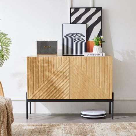 Buffet 75x100x40cm - avec 2 portes et pieds en métal - design linéaire - Naturel (1/5)