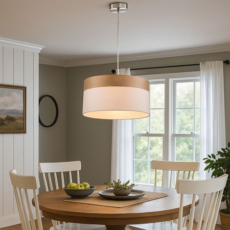 LED Hängeleuchte Wohnzimmerlampe Pendelleuchte Esstischlampe Küchenleuchte Holzoptik, Textil weiß, 9W 810lm warmweiß, DxH 40x120 cm