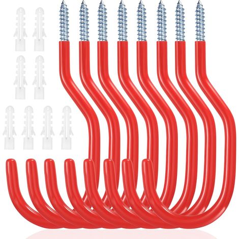 8 Pcs Crochet de Vélo, Support Velo Mural, Crochets de Rangement, Porte Velo Mural, Crochets de Garage, Crochets à Visser pour Plafond de Garage Vélos Outils électriques Tuyaux Arrosage(Rouge) (1/5)
