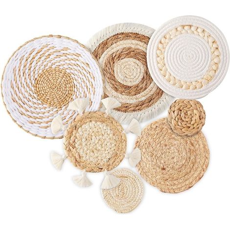 Lot de 7 paniers muraux bohèmes tissés à suspendre - Décoration murale en jonc de mer et rotin - Décoration murale ronde écologique pour ferme, chambre à coucher, salon, table de cuisine, maison (1/5)