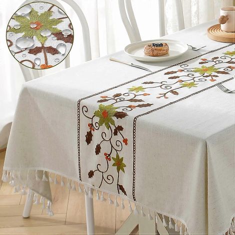 Nappe rectangulaire imperméable en lin infroissable pour la cuisine, les repas et l'extérieur (rectangulaire, 55 x 86 pouces, motif fleurs vertes) (1/5)