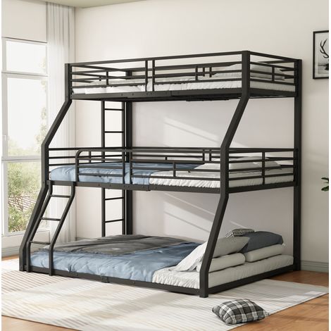 Cama litera triple moderna 90x200 cm, metal negro, 207,6x147,6x206,2 cm, con 2 escaleras y barandillas altas (1/5)