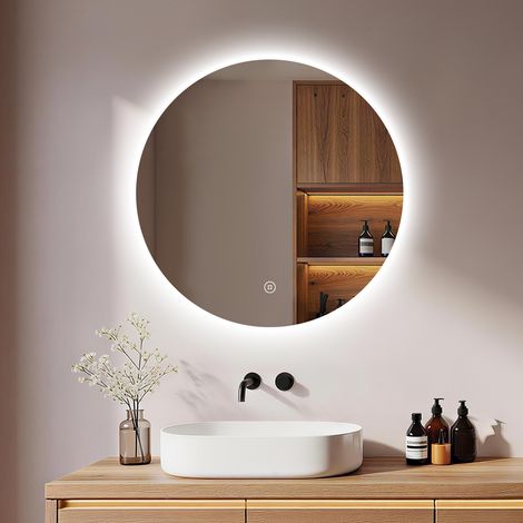 Miroir salle de bain LED rond 50 cm, tactile, intensité réglable, lumière 6500K