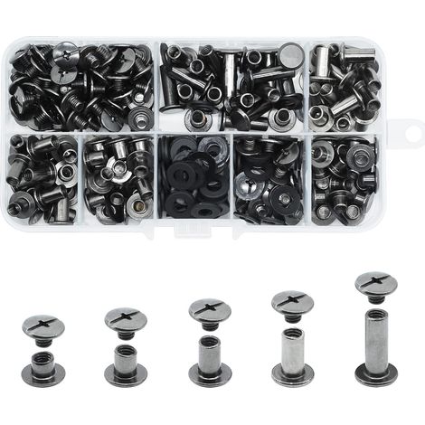 100 Set vis Chicago, kit de rivets pour cuir cruciforme 4/6/8/10/15 mm, vis métal clou rivet bouton Chicago, pour ceinture cuir DIY livre artisanat ceinture portefeuille reliure(noir) (1/5)