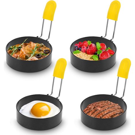 4 Pcs Anneaux D'oeuf Antiadhésifs Anneaux D'oeufs Au Plat, Anneaux À Œufs En Acier Inoxydable, Avec Brosse Et Couvercle En Silicone Anti-Brûlure (1/5)