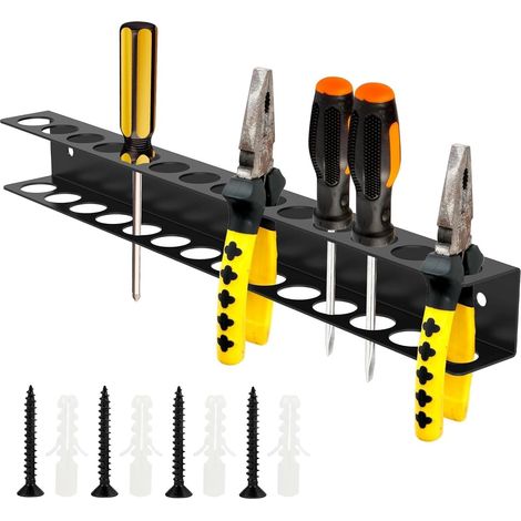 Schraubendreher-Wandhalterung – 40 cm Werkzeugablage mit 14 Löchern – für Garage, Werkstatt und Werkbank – inklusive Schrauben und Dübeln – Schwarz – Robuste und langlebige Wandhalterung