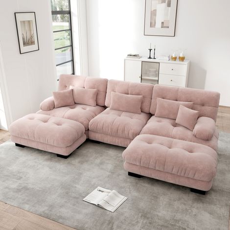 Canapé modulaire en U rose en chenille avec ottomans mobiles et assise profonde (1/5)