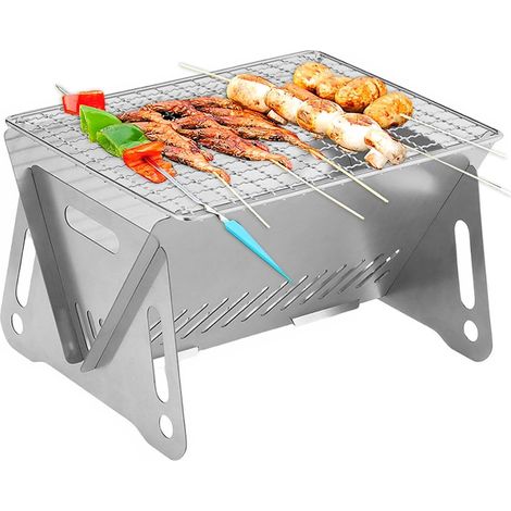 Grille de Barbecue Pliable Foyer de Feu de Camp Portable Barbecue au Charbon de Bois Relevable, Foyer Acier Inoxydable pour Camping Pique-Nique Jardin avec Sac, Grille d'extérieur Pliante