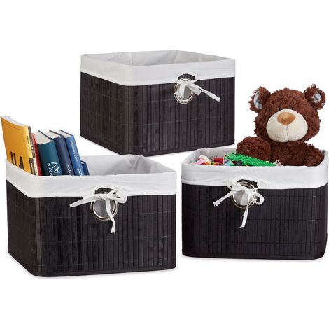 Set of 3 Relaxdays Storage Basket, Fabric Lining, Bamboo, Rectangular, Bathroom, Accessories, HxWxD: 20x31x31 cm Black