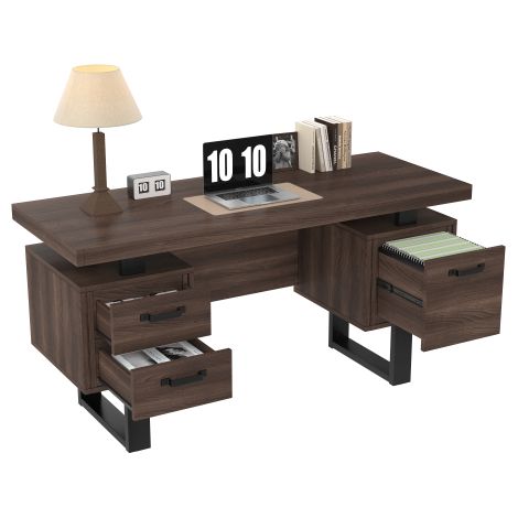 Bureau simple 135×54 cm, structure MDF et tube d’acier haut de gamme, tiroir silencieux pour classeurs, plateau étanche et spacieux, rangement pratique, marron