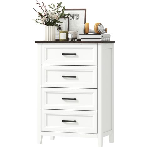Commode haute, plateau effet bois, blanc, étroite 60x35x87cm, petits espaces, chambre (1/5)