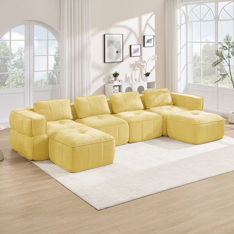 Canapé d'angle modulable 4 places en U, sans structure, avec 2 tabourets, mousse dense 32D, housse en textile moelleux, anti-glisse, idéal pour séjour, prêt à l'emploi, couleur moutarde. (1/5)