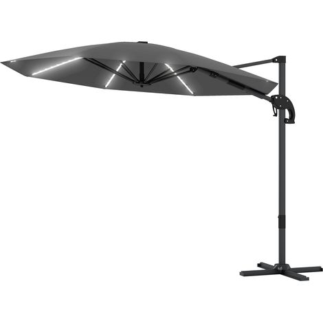 Alu Ampelschirm LED Solar Ø300cm höhenverstellbar Sonnenschirm mit Kurbel Ständer UV50+ Wasserabweisend 360° drehbar Marktschirm neigbar Gartenschirm Sonnenschutz für Garten Balkon Dunkelgrau