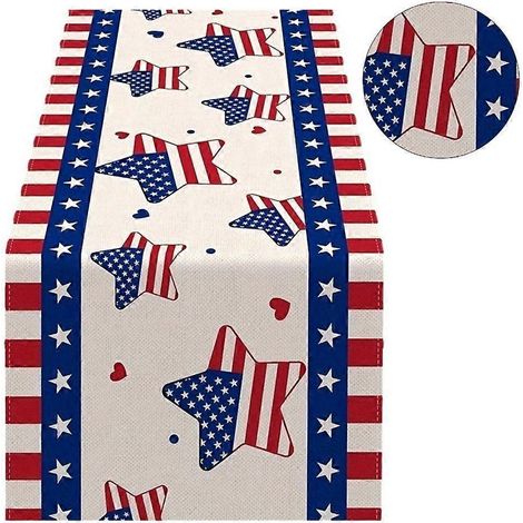 Chemin de table pour le Memorial Day, rayures rouges, bleues et blanches, motif étoiles. Nappe de salle à manger.