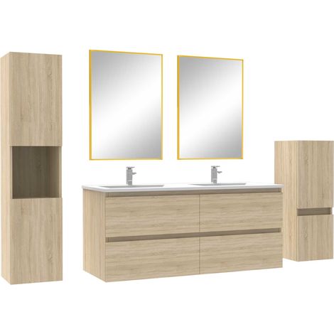 Ensemble meubles Salle de Bain 120cm double vasque + colonne + miroir mural Chêne Wotan
