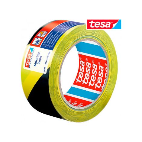 TESA cinta señalizacion adhesiva negra/amarilla 50mm , Cinta de señalización Tesaflex 60760. La cinta se puede incluso cortar con la mano. Perfectamente adecuada para advertencia d