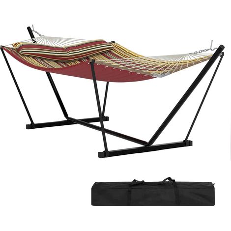 Hamac 2 Places avec Support - Hamac Double avec Structure Acier Robuste - Charge Max 205 kg - 365 x 140 cm - Rayé Rouge/Jaune (1/5)