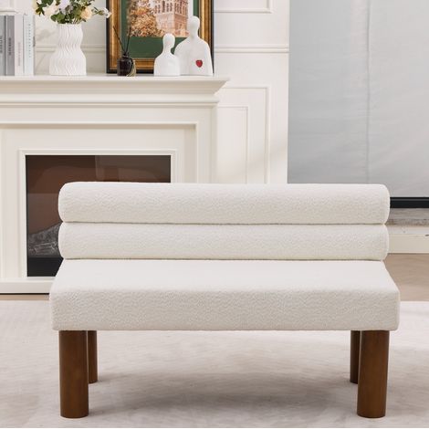 Banco moderno minimalista sin reposabrazos en tejido bouclé beige con estructura de madera (1/5)