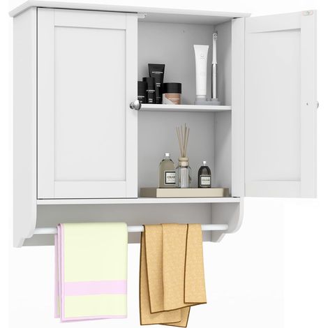 COSTWAY Armario Baño de Pared, Armario de Baño con 2 Puertas con Barra de Toalla y Estante Ajustable, Organizador de Almacenamiento de Armario de Cocina Colgante de Pared (Blanco) (1/5)