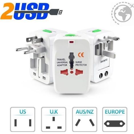 Adaptateur de Voyage avec 2 Ports USB Tout en Un Secteur Universel Chargeur Multiple EU US UK AU Compatible Plus de 150 pays (1/4)